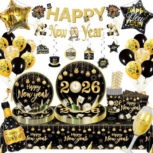 Silvester Deko 2026XXL Dekoration, 2026 Silvesters Party Geschirr, Happy New Year Partygeschirr Set, Silvester Tischdeko, Pappteller Banner Ballons Servietten für Silvesters Dekoration Partyzubehör