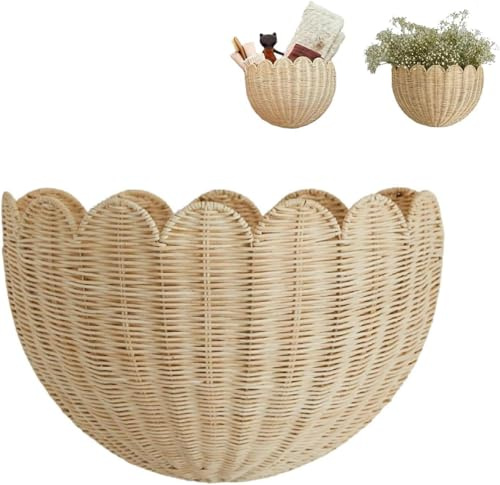 Panier mural en rotin tressé - Style bohème - Panier de rangement décoratif pour salon, cuisine, chambre d'enfant, salle de bain, chambre à coucher, couloir - Petit format