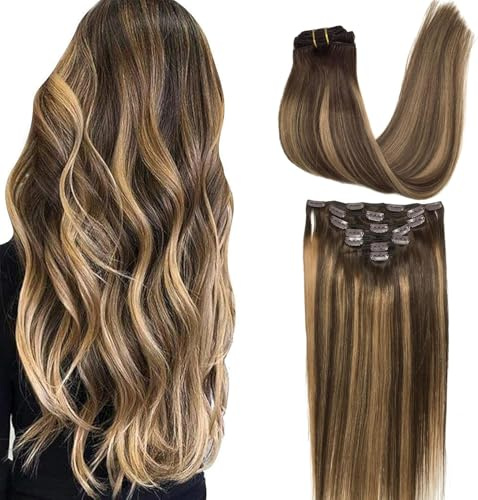 GOO GOO Clip in Hair Extensions Real Human Hair, Caramel Blonde Balayage, 22 Inch