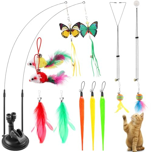 Foymlon 20 Pezzi Gioco Gatto Interattivo con Ventosa, Giochi con Piume per Gatto, 2 Canna Pesca Giochi Interattivi per Gattis e 11 Teaser di Piume di Ricambio con Campana