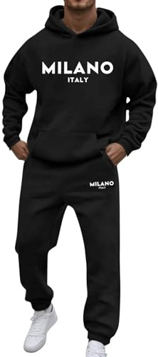 Survêtement en coton pour homme - Survêtement d'intérieur - Tenue décontractée - Sweat à capuche à manches longues avec poche et pantalon avec cordon de serrage - Imprimé lettres tendance, Noir , L