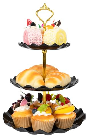 Plastic Tiered Serving Tray, 3 Tier Cake Stand Cupcake Holder with Metal Rod, Cake Stand Round Display for Cakes Fruit Cookie Candy, Reusable Dessert Tower Tray for Birthday Wedding Party （Black）