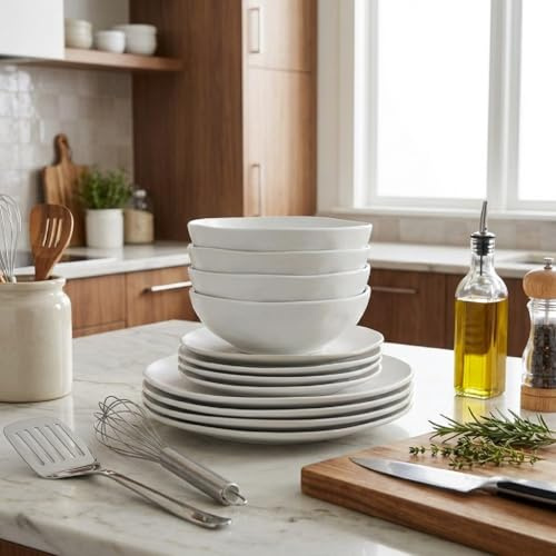 Waterside 12pc White Irregular Stoneware Dinnerware Set, 4 Dinner Plates, 4 Side Plates and 4 Bowls - Dishwasher & Microwave Safe