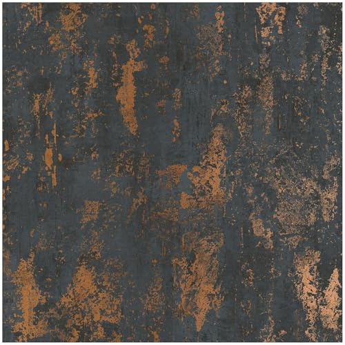 Industrial Charcoal and Copper Effect Wallpaper – Distressed Metal Look Textured Abstract Design – Dark Urban Loft Style Feature Wall Décor for Living Room, Bedroom or Office
