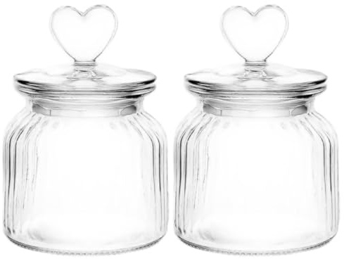 Pineeseatile Glass Candy Jars with Lids, Set of 2 Glass Candy Jar with Heart Lid - 650ml Decorative Heart Jar, Clear Container with Seal Tight Lid for Kitchen, Pantry, Cookies, Coffee
