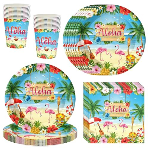 Vaisselle en Papier pour Fête Hawaïenne Aloha pour 20 Invités, Fournitures de Fête de Aloha Hawaïennes, Assiettes Serviettes et Gobelets, Luau Pool Party Jardin Mariage Plage et Fêtes d’été