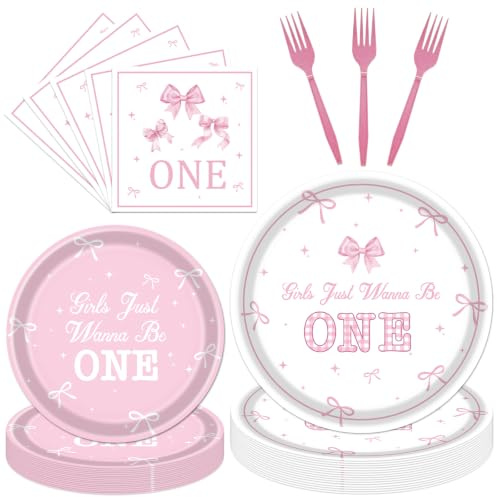 Deorfuy Girls Just Wanna Be One Birthday Decorations, 96PCS Pink Bow First Birthday Disposable Paper Plates and Napkins Party Decorations, Cute One Year Old Girl Forks Tableware Set for 24 Guests