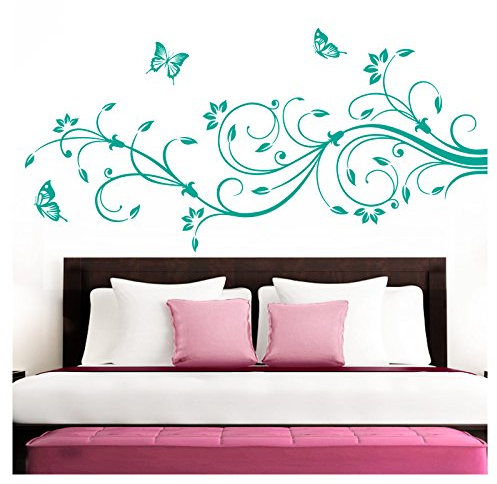 Grandora Wandtattoo XXL Blumenranken Schmetterlinge Blumen I türkis (BxH) 160 x 69 cm I Schlafzimmer Liebe Flur Wohnzimmer modern Aufkleber Wandaufkleber W1073