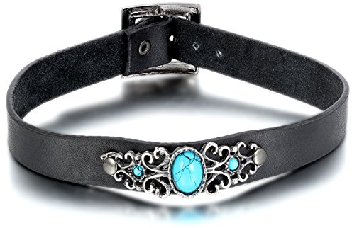 JewelryWe Schmuck Choker Halsband Retro Luxus künstliche Türkis Legierung Leder Kette Halskette für Damen und Herren, Blau Schwarz Silber