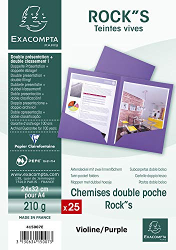 Exacompta 415007E 25er Pack Aktenmappen ROCKS mit 2 Innenfächern 220g für DIN A4 PEFC™-zertifizierte lila Präsentationsmappe Sammelmappe Dokumentenmappe