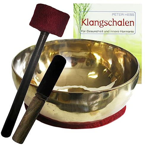 Sangha Gold Therapie Klangschale 2250-2500g Handarbeit Nepal + Peter Hess BUCH 5-tlg Klangmassage Set + Klöppel & Zubehör. 70064