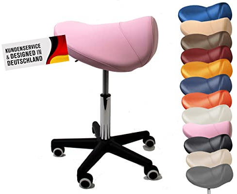 Promafit Sattelhocker Sattelstuhl höhenverstellbar - Rollhocker Drehhocker Arbeitshocker Bürostuhl mit Sattelsitz – Praxishocker Hocker ergonomisch in vielen Farben – Rückenschonend (Rosa)