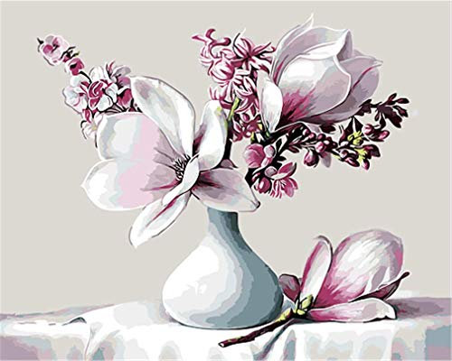 YEESAM ART DIY dipingere con i numeri per adulti principianti bambini, Fiori di magnolia, bottiglia di porcellana bianca 40,6 x 50,8 cm in lino acrilico stress less numero pittura regali