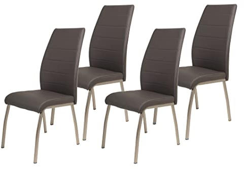 Hela Tische, 4er Set Amber8 Esszimmerstuhl, Kunstleder Grau, ergonomischer Rücken, Metallgestell edelstahlfarben
