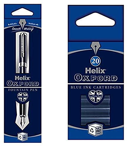 Helix Oxford Fountain Pen (Oxford Blue) with x20 pack of Blue Ink Cartridges