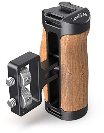 SMALLRIG Wooden Mini Side Handle(1/4-20 Screws) for Camera Cage, with Cold Shoe Mount Built-in Wrench, Up and Down Adjustable, Max Load 3.5kg - 2913