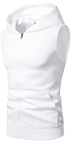 STTLZMC Uomo Felpa Smanicata con Cappuccio Fitness Muscolo Vest Tops con Zip Fino Gilet Casual,Bianco,XXL