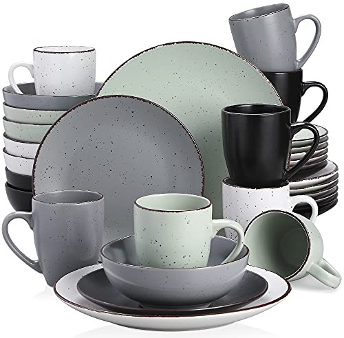vancasso Serie MODA 32 Piezas Vajillas de Cerámica, Juego de Vajillas Completas para 8 Personas con 8 Platos Llano, 8 Platos de Postre, 8 Cuencos y 8 Tazas, Mate Mix Colores