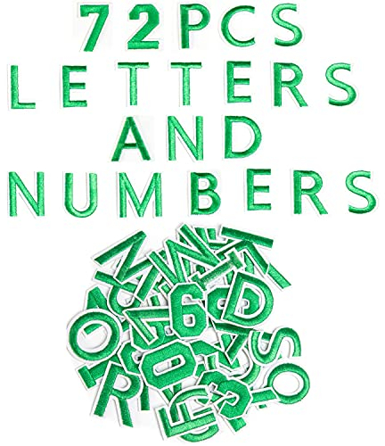 Harsgs 72 PCS Iron on Letters Numbers Patches, Embroidered Patches Letters A-Z Numbers 0-9 Applique for Clothes, Dress, Hat, Jeans, DIY Accessories, Green