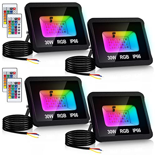 Lospitch 30W RGB Strahler Farbig, 4er Farbwechsel Außenstrahler LED RGB Wasserdicht IP66, Dimmbar Flutlichtstrahler Scheinwerfer, 16 Farben 4 Modi, Memoryfunktion, Innen Aussen Flur Bühne Garten