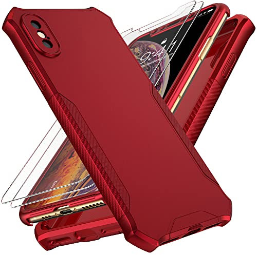 ORETECH 360° Protective for iPhone X Case, iPhone Xs Case and [2 x 9H Glass Screen Protectors] [Full Body Shockproof] Hard PC Front and Silicone Hybrid Cover for iPhone 10 Phone Case - Metallic red