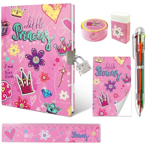 Set Tagebuch Mädchen, Kinder Schreibwaren-Geschenkset Enthält Prinzessin Tagebuch mit Schloss Notizblock Radiergummi Spitzer Lineal & 6-Farben-Stift für Teenager Junge Notizbuch Geschenke 6-12 Jahren