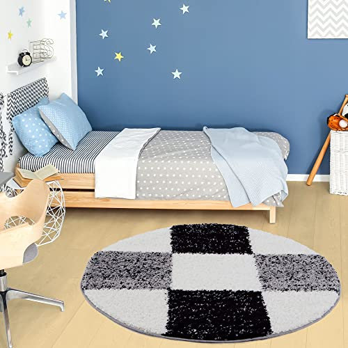 THE RUGS Area Rug – Modern Luxury Shaggy Rug, Multicolour Pattern Carpet, Ultra Soft for Bedroom, Living Room, Kids Room, (120 cm Round, Grey)
