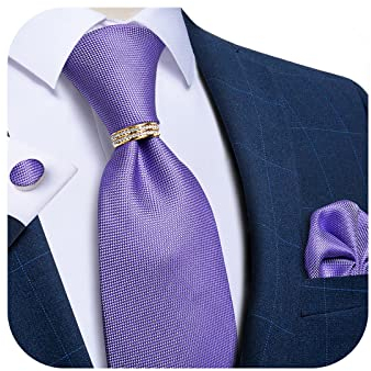 DiBanGu Corbatas de seda para hombre y corbata dorada, gemelos cuadrados de bolsillo tejidos, con caja de regalo, corbata de cachemira, corbata sólida para boda formal, Lila sólido, Taille unique