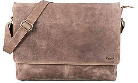 TALED Leder Umhängetasche Herren & Damen I Echtleder Laptoptasche bis 15 Zoll I Messenger Bag mit Schultergurt I Schultertasche I Arbeitstasche I Tragetasche I Handtasche I Vintage Graubraun