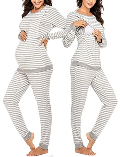 Ekouaer Haut maternité d'allaitement et Pantalon de Pyjama Chaud Pyjama Femme Hiver Manches Longues Grossesse, Rayé-2, M