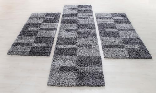 Carpettex Bettumrandung Schlafzimmer 3teilig Shaggy Teppich Hochflor Kariert Design Grau Bettset:2 mal 60x110 + 1 mal 80x250 - Bettvorleger Schlafzimmer Läufer Set Flauschiger Bettumrandung Teppich