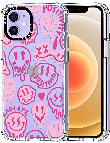 MOSNOVO Cover per iPhone 12 / iPhone 12 Pro - Custodia Trasparente Sottile Antiurto in TPU+PC per Telefono [Protezione Caduta da 6,6 Piedi/Anti-Peel] - Facce Sorridenti Rosa Gocciolanti con Positività