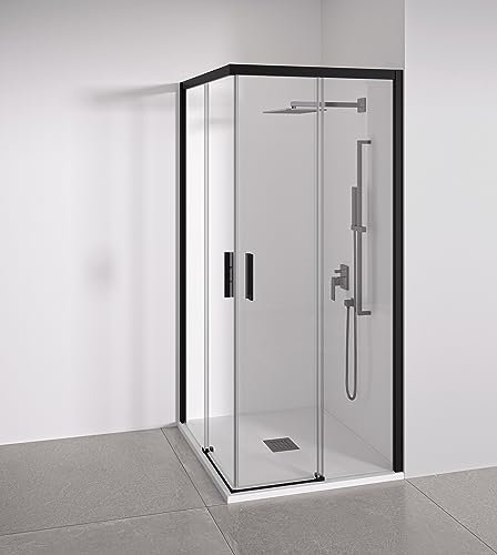 Mampara de ducha angular 2 correderas + 2 fijos - sin perfilería inferior - Cristal transparente templado 6mm Antical - Negro Mate - Ancho adaptable 137-139 x 87-89 cm - Alto 195 cm