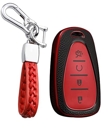 KUNIO Autoschlüssel Hülle Passt für Chevrolet Chevy Camaro Cruze Sonic Volt Tracker Malibu XL Equinox TPU Leder-Textur Schlüsselanhänger Schlüsseletui Schlüsselschutz 4 Tasten B Rot