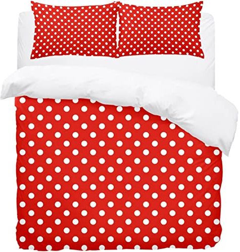 Bettwäsche-Set für Einzelbett, mit weißen Punkten auf rotem Hintergrund, weicher Mikrofaser-Bettbezug mit Kissenbezügen, Bettbezug-Set