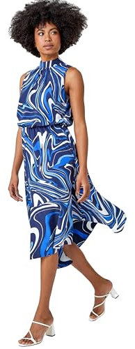 Roman Originals Sleeveless Swirl Print Midi Dress for Women UK - Ladies Everyday Holiday Spring Summer Halterneck Comfy Soft Evening Vacation Work Party - Navy - Size 12
