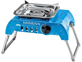 CFH Gaskocher Premium einflammig GK 425 - Hochwertiger Camping Kocher 2,4 kW, 175 g/h, Mit Piezozündung, Flammenregulierung, Edelstahl-Topfauflage, stabile Klappfüße, Für Gasdosen mit Anschraubgewinde