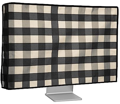 kwmobile Dust Cover for 27-28 monitor - Linen Monitor Protector with Design - check stripes Black/Light Grey/White