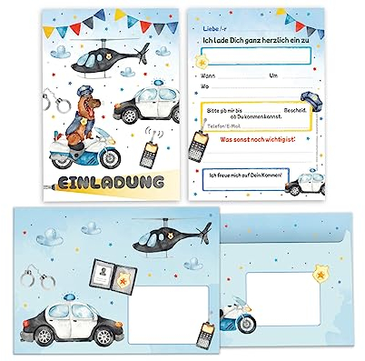 12 Einladungskarten incl. 12 Umschläge zum Kindergeburtstag Junge Polizei Detektiv Einladungen zum Geburtstag Kinder Einladungsset Motto-Party