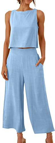 AMhomely 2-teiliges Outfit für Damen, ärmellos, Hosen-Sets für Damen, Baumwoll-Leinen-Sets für Damen, 2-teiliges Set mit weitem Bein, Marschweste, Top, Knopfleiste, elegante Damenhose, Anzüge mit