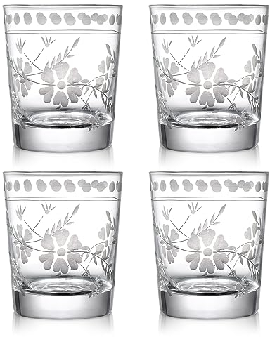 Joeyan Soufflé à la Main Verre à Whisky,Verres à Rhum de Dégustation avec Gravure,Verres à Eau Tumbler pour Bourbon Cocktails Cognac Vodka,270 ML,Lot de 4,Lavable au Lave-Vaisselle