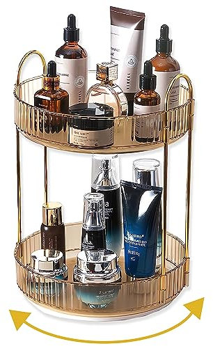 Asayuee Luxury Modern 360° Rotating 2-Tier Gold Makeup Organizer