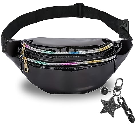 Gürteltasche Mädchen Bauchtasche Damen Glitzer Kinder Mit Mode Wasserdicht Fügen einen Schlüsselanhänger hinzu Holographic Jugendliche (Schwarz)