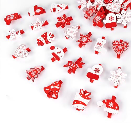 60 Pinces à Linge de Noël en Bois,ilauke 10 Styles Motif de Noël Pinces Décoratives Rouge et Blanc,48mm Pinces en Bois avec Corde de Chanvre 10m pour Calendrier de l'Avent de Noël Bricolage Décoration