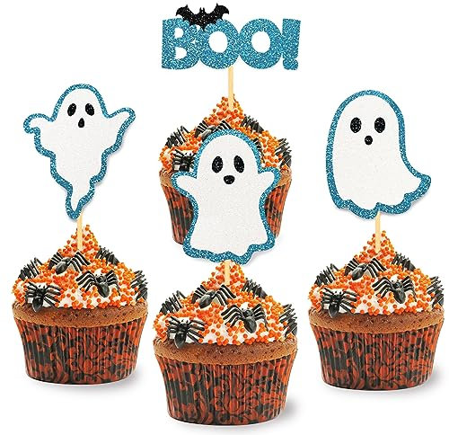 24 Stück Glitzer Halloween Cupcake Topper, Geist Kuchendeko, Baby Shower Tortendeko für Party, Babyparty, Geschlecht Verkünden, Schwangerschaft Dekoration (Blau)