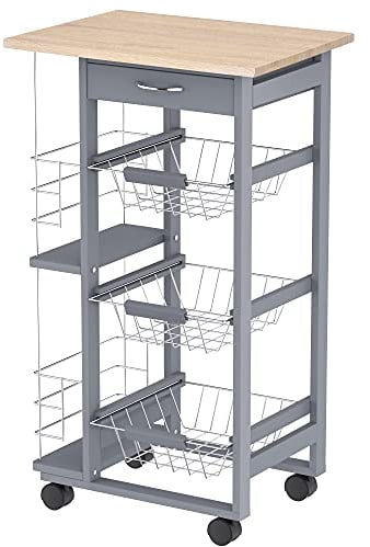 HOMCOM Carrello da Cucina con 3 Cassetti Estraibili, un Cassetto e 2 Portabottiglie, Carrello Portaoggetti in Legno di Pino e Metallo, 47x37x83 cm, color Rovere e Grigio