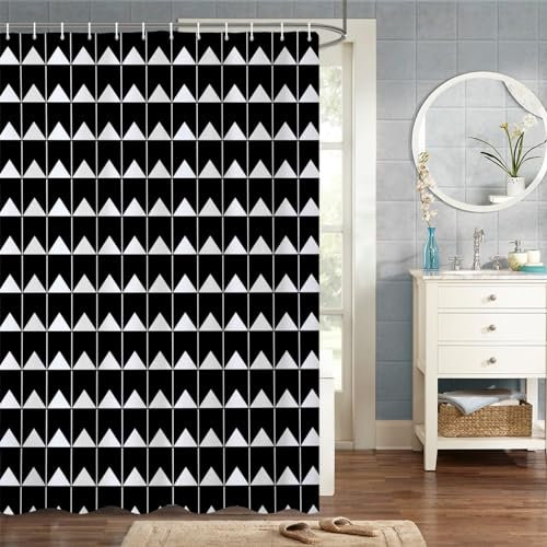 MIRRORANG 150x180cm Motif Géométrique Rideau De Douche Triangle Blanc Fond Noir Rideau De Douche pour Salle De Bain Tissu Polyester Imperméable Ensemble avec Crochets