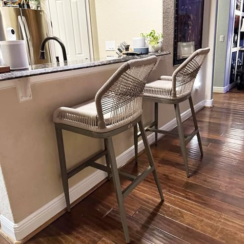 PURPLE LEAF Hoher Barhocker 2er Set, Aluminium Barstühle mit Rückenlehne, Outdoor-Tresenhocker Rattan, Mit Gepolsterte Sitze, Böhmischer Stil, für Bar, Cafés, Hellgrau