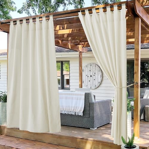PONY DANCE Outdoor Vorhang Wasserdicht Outdoor Gardinen Leinen Halbtransparent 2er Set Pavillon Vorhänge mit Klettverschluss Boho Outdoorvorhänge für Terrasse/Draußen, H 274 x B 140 cm, Beige