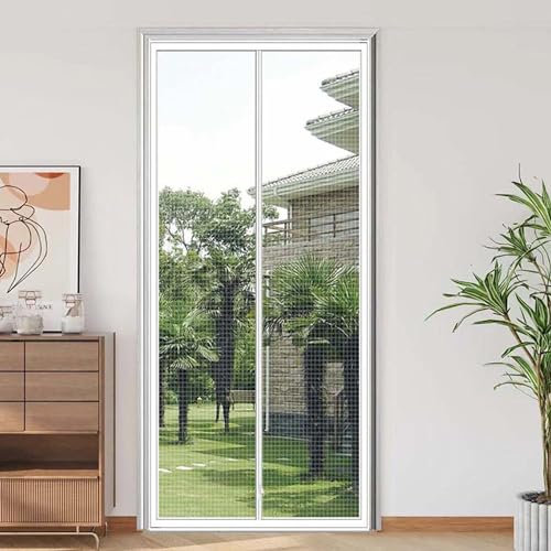 Custom Size Cat Screen Door, Heavy Duty Bug Mesh Curtain Keep Cat in Insects Out Mosquito Door for Balcony Sliding Living Room Children's Room with Zipper, Without Drilling (White)